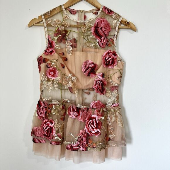 Revolve Vone Floral Mesh Peplum Pink Top Shirt Women’s 4 Romantic Roses - Picture 1 of 14